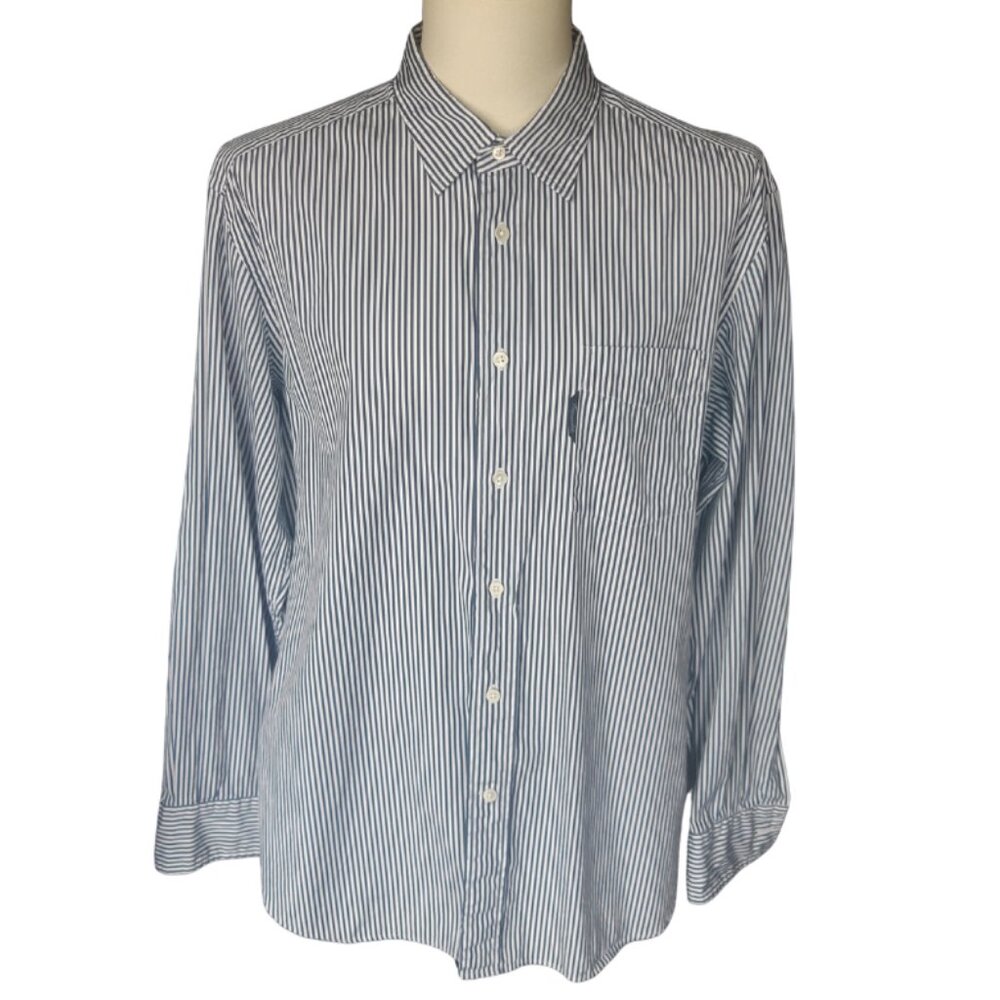 Faconnable Classique SZ L Navy & White Bengal Striped Men's Button Up Shirt